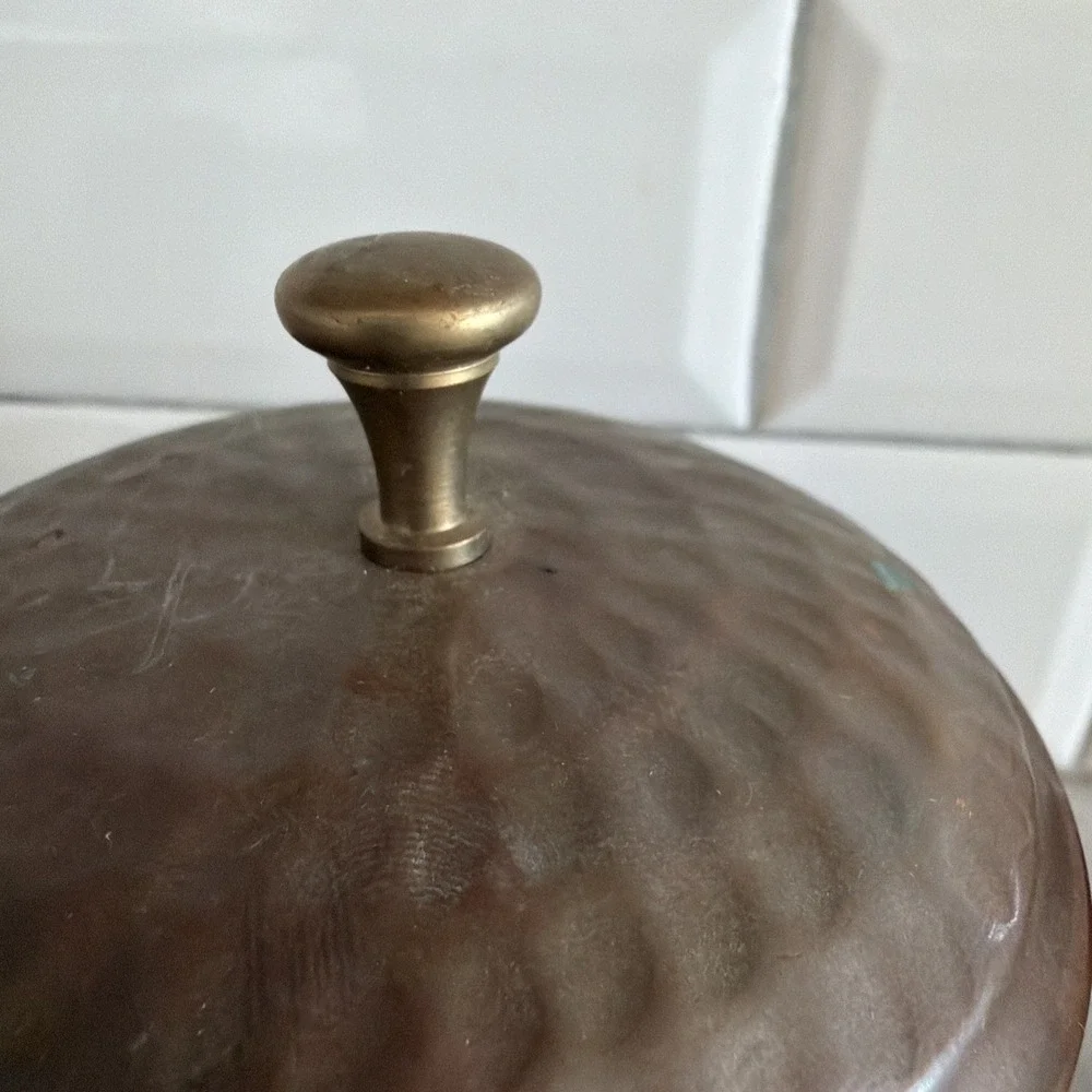 Set Of 2 Vintage Hammered Copper Canisters Brass Pulls GW006